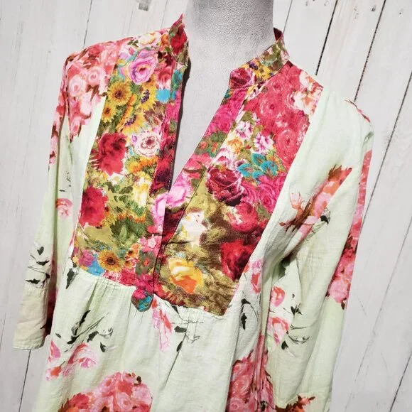 Antica Sartoria XXL 3 Top Tunic Green Pink Floral Boho Resort Beach Cottage - Picture 2 of 7